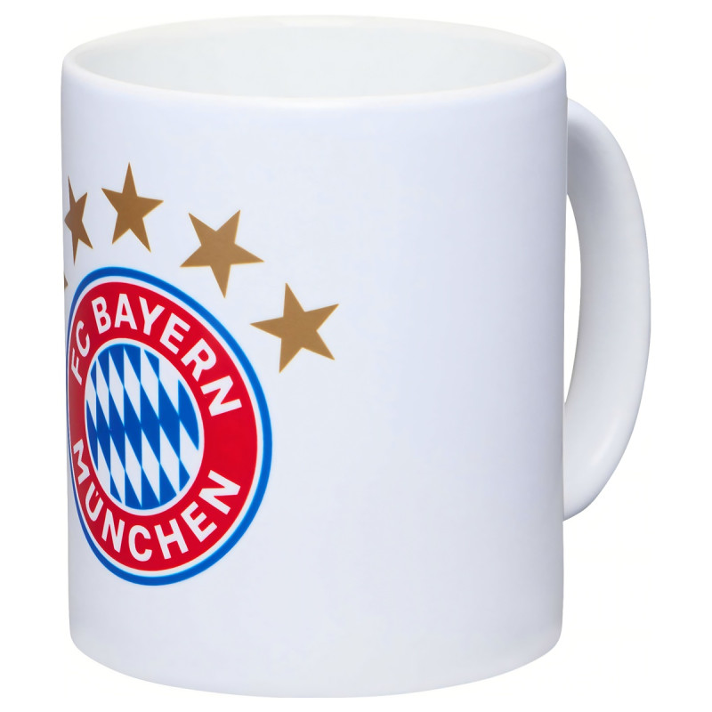 Keramický hrnek FC Bayern Mnichov. Bílý. Barevný znak 5 hvězd. 300 ml.